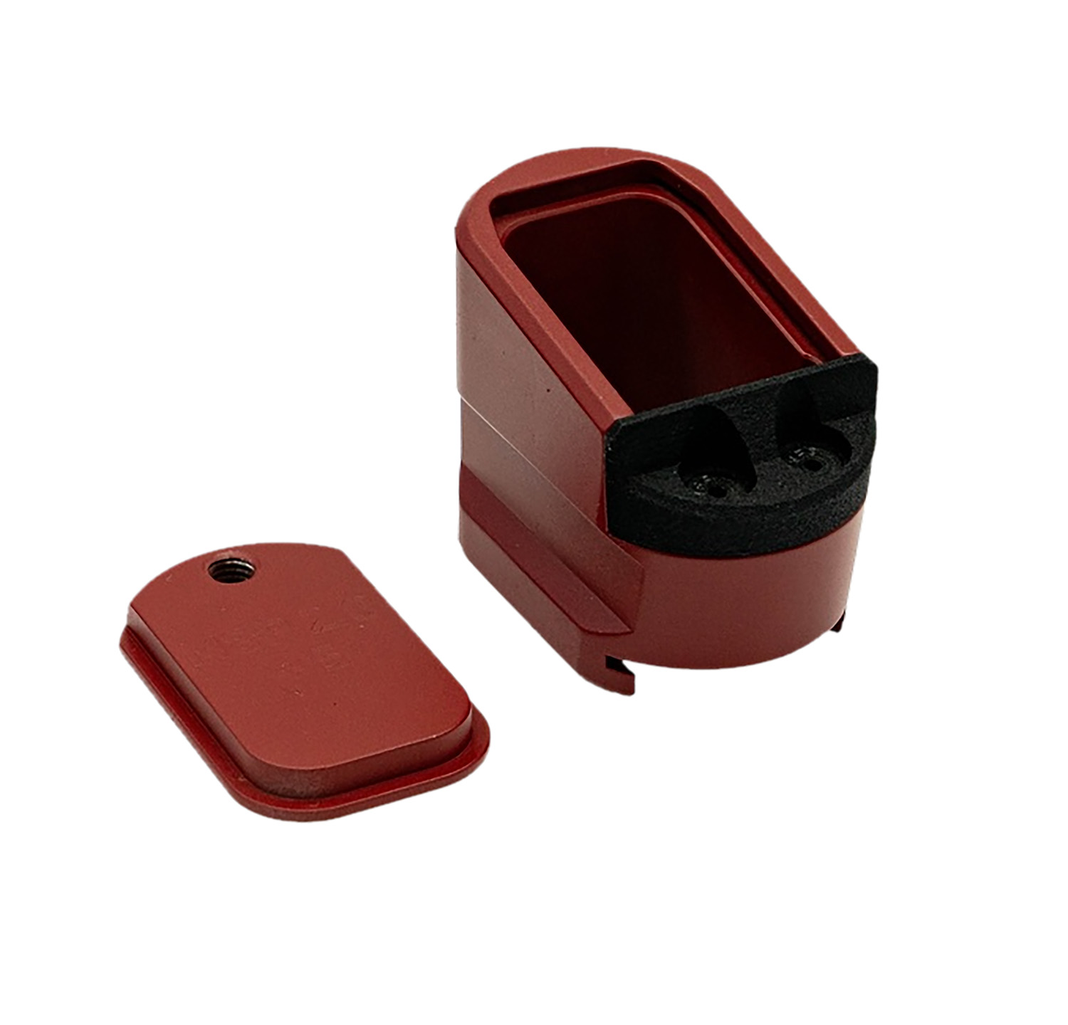 Red metal component with detachable base plate