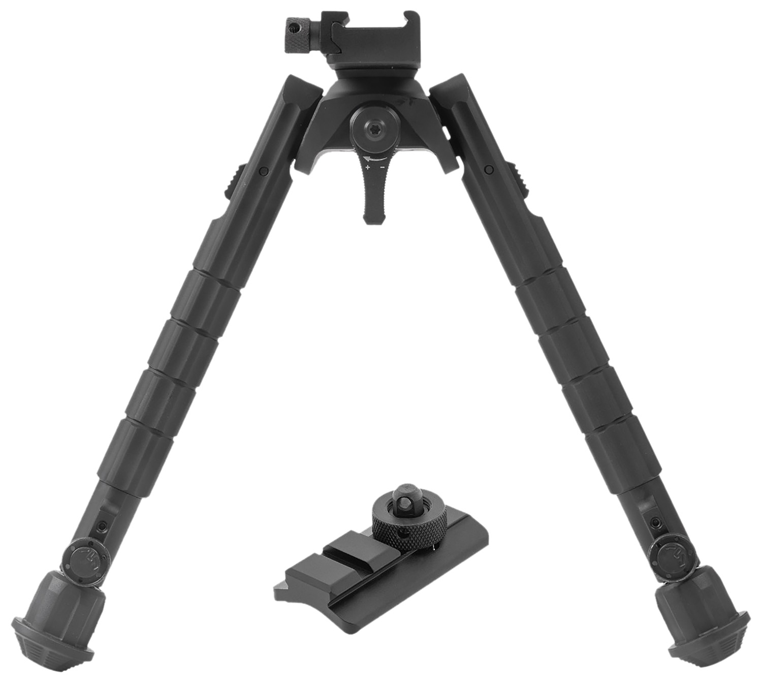 Black adjustable rifle bipod with mounting adapter