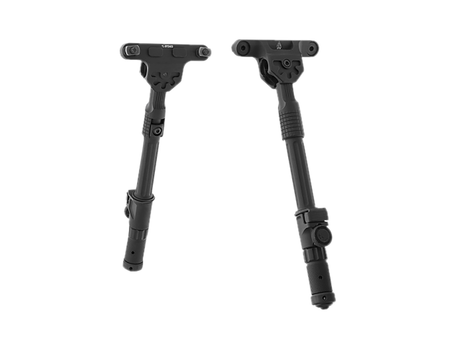 Two black adjustable rifle bipod legs