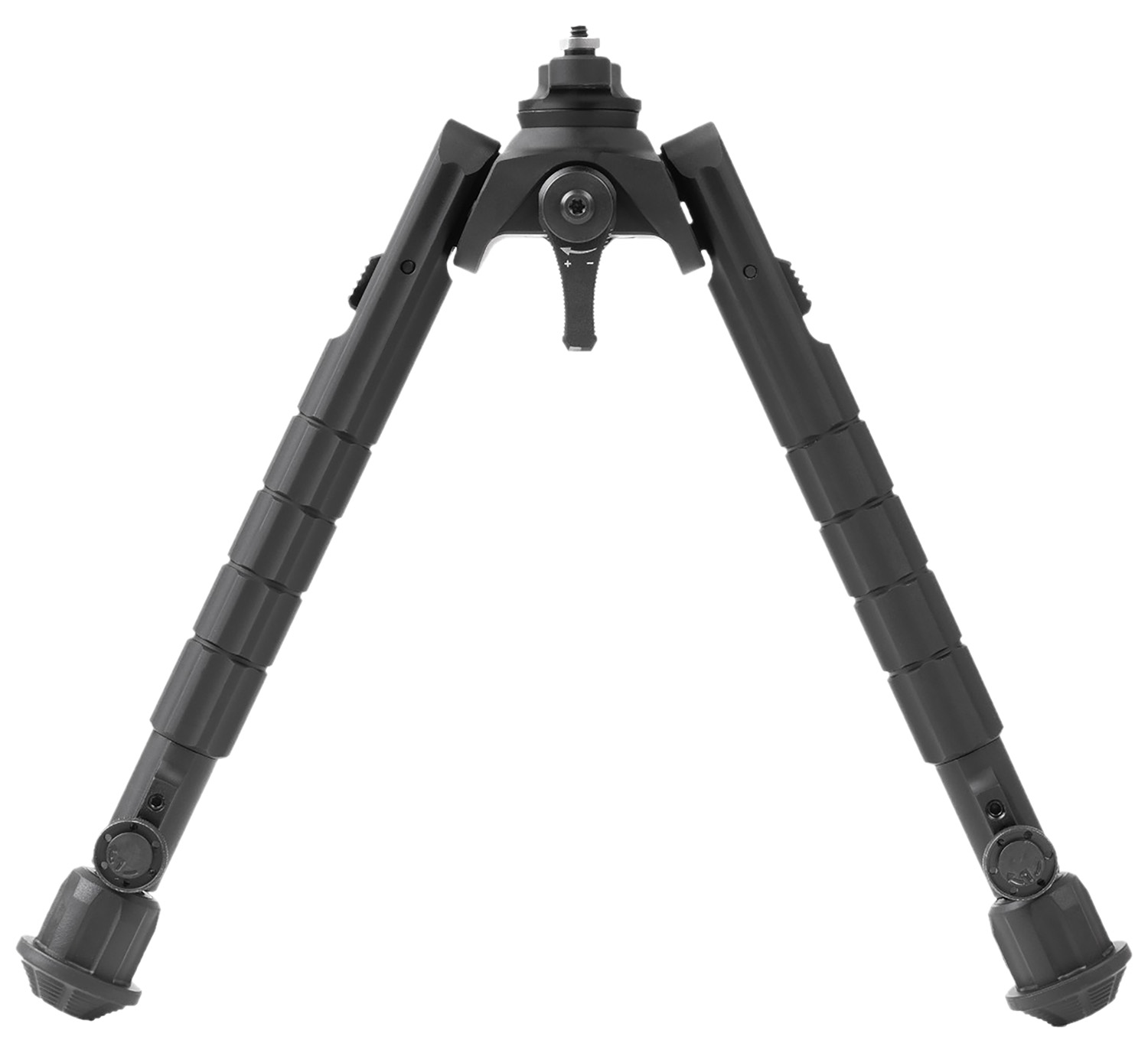 Black adjustable rifle bipod on white background