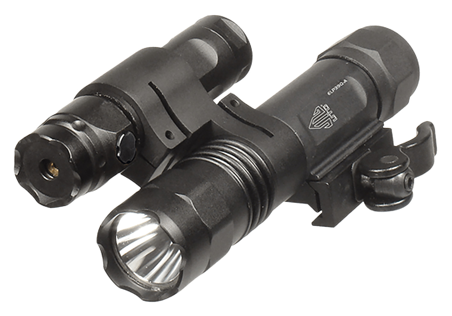 Black tactical weapon-mounted flashlight with bracket