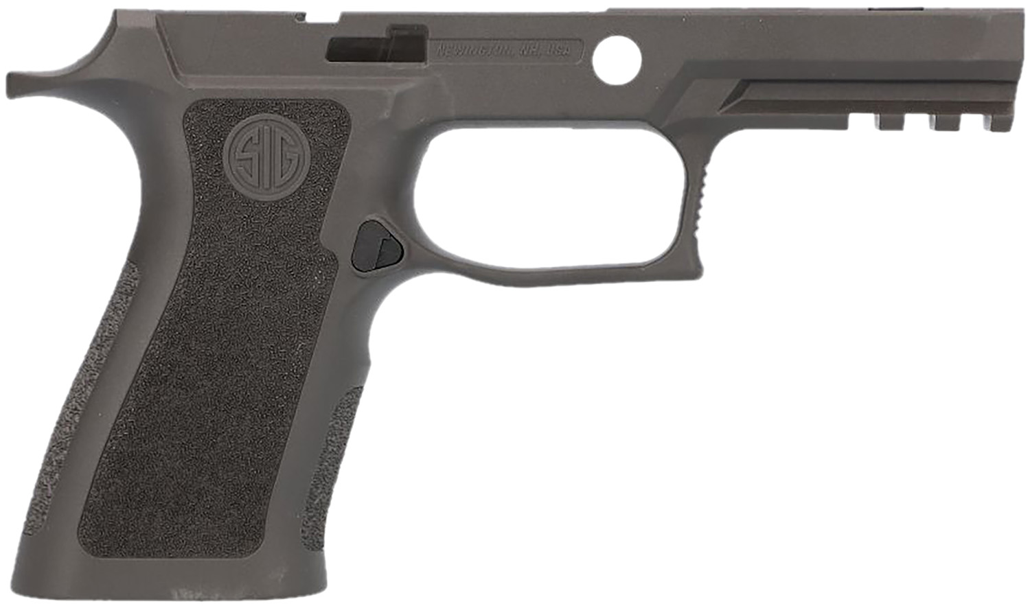Gray pistol frame with textured grip panel