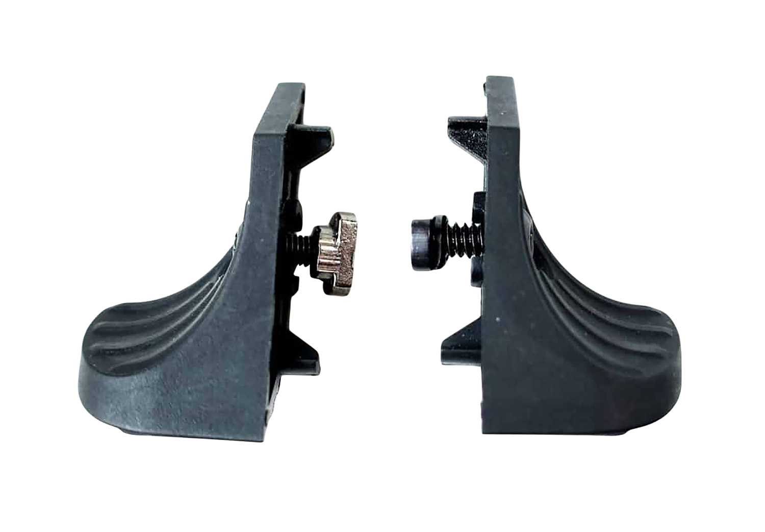 Two black adjustable clamp brackets facing each other