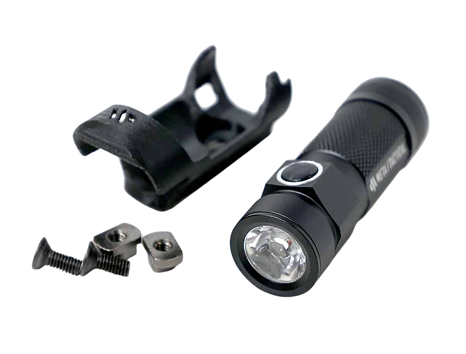 Black LED flashlight with mounting bracket and screws