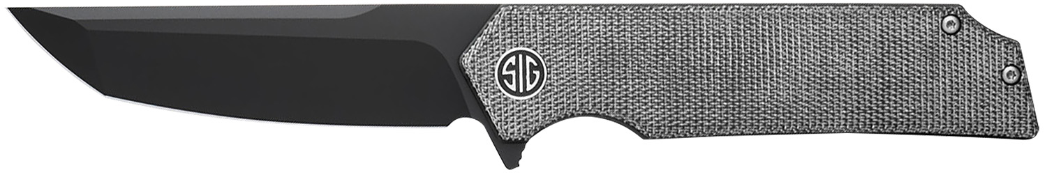 Black folding knife with textured gray handle