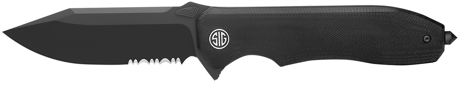 Black partially serrated folding pocket knife
