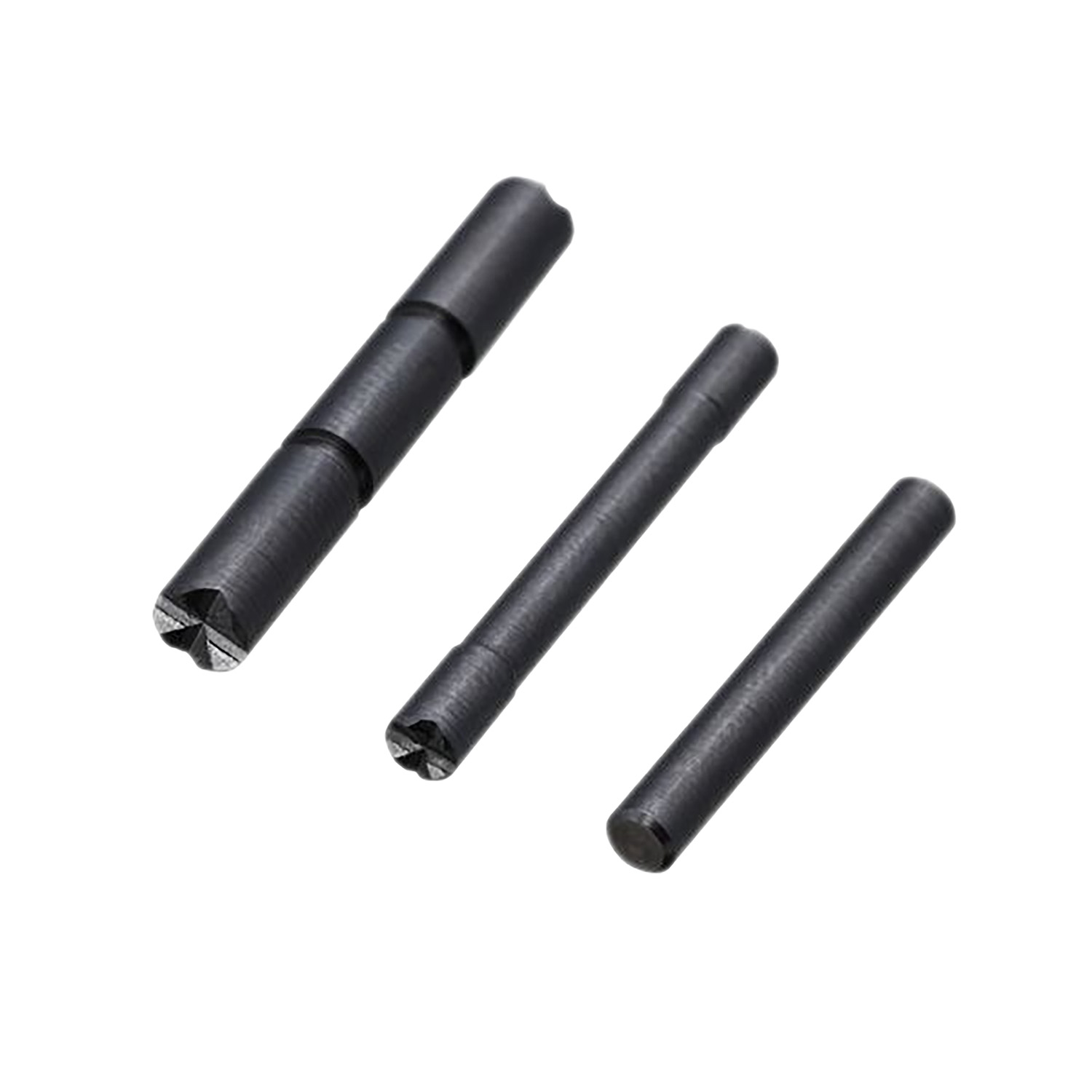 Three black metal dowel pins on white background