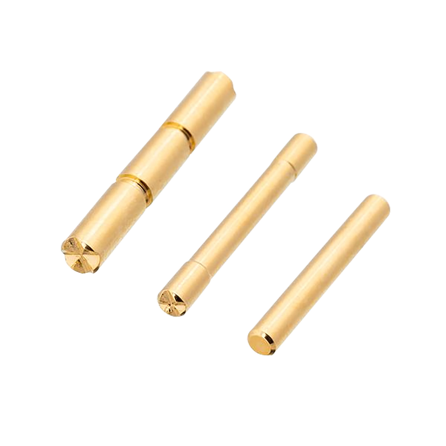 Three brass cylindrical metal connector pins