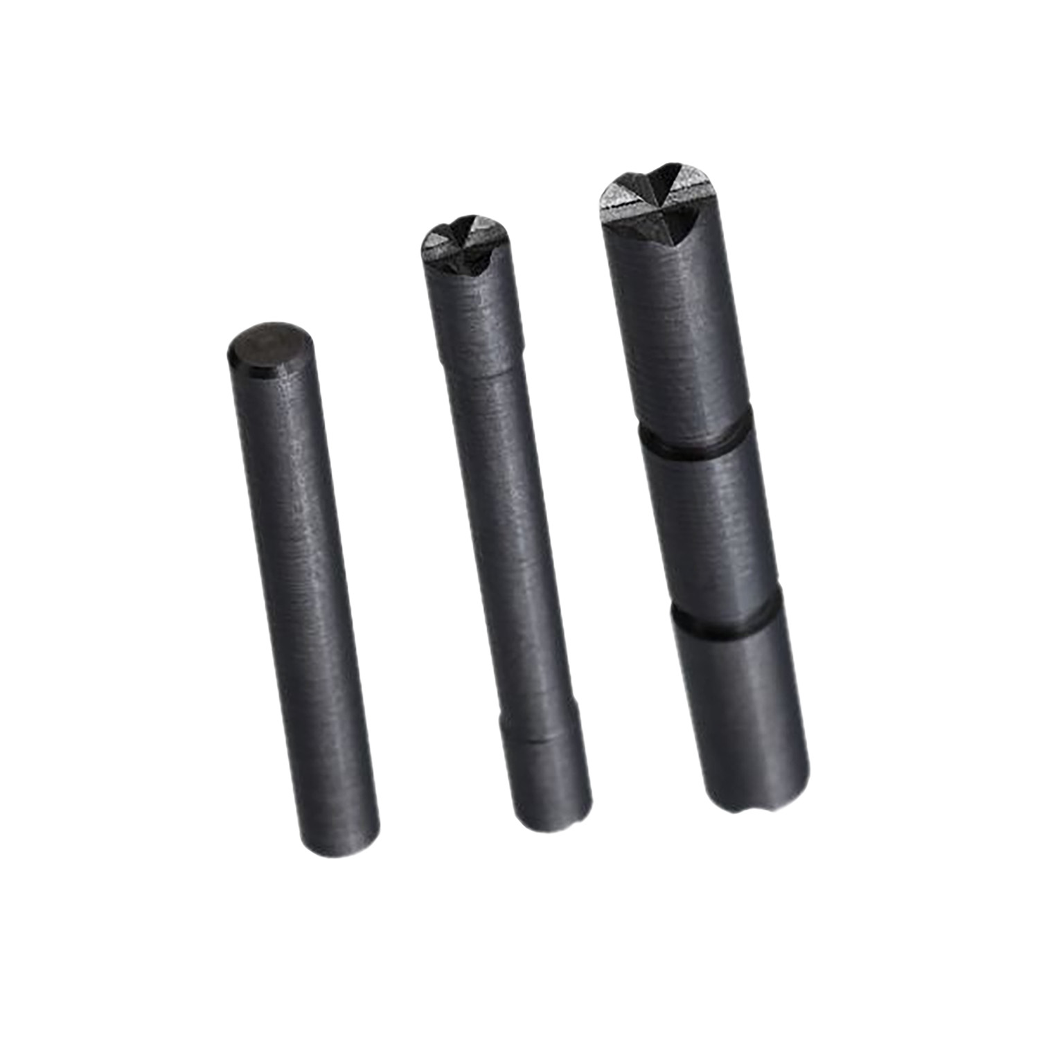 Three black metal punch pins on white background