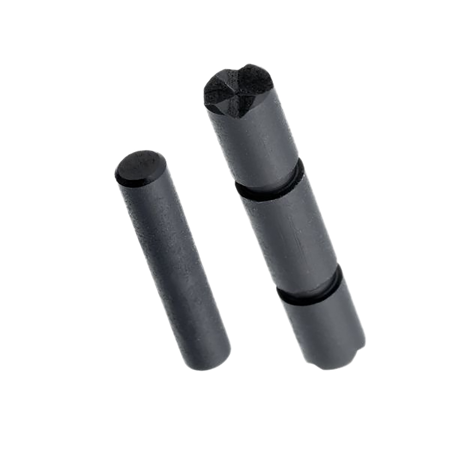 Two black metal cylindrical pins on white background