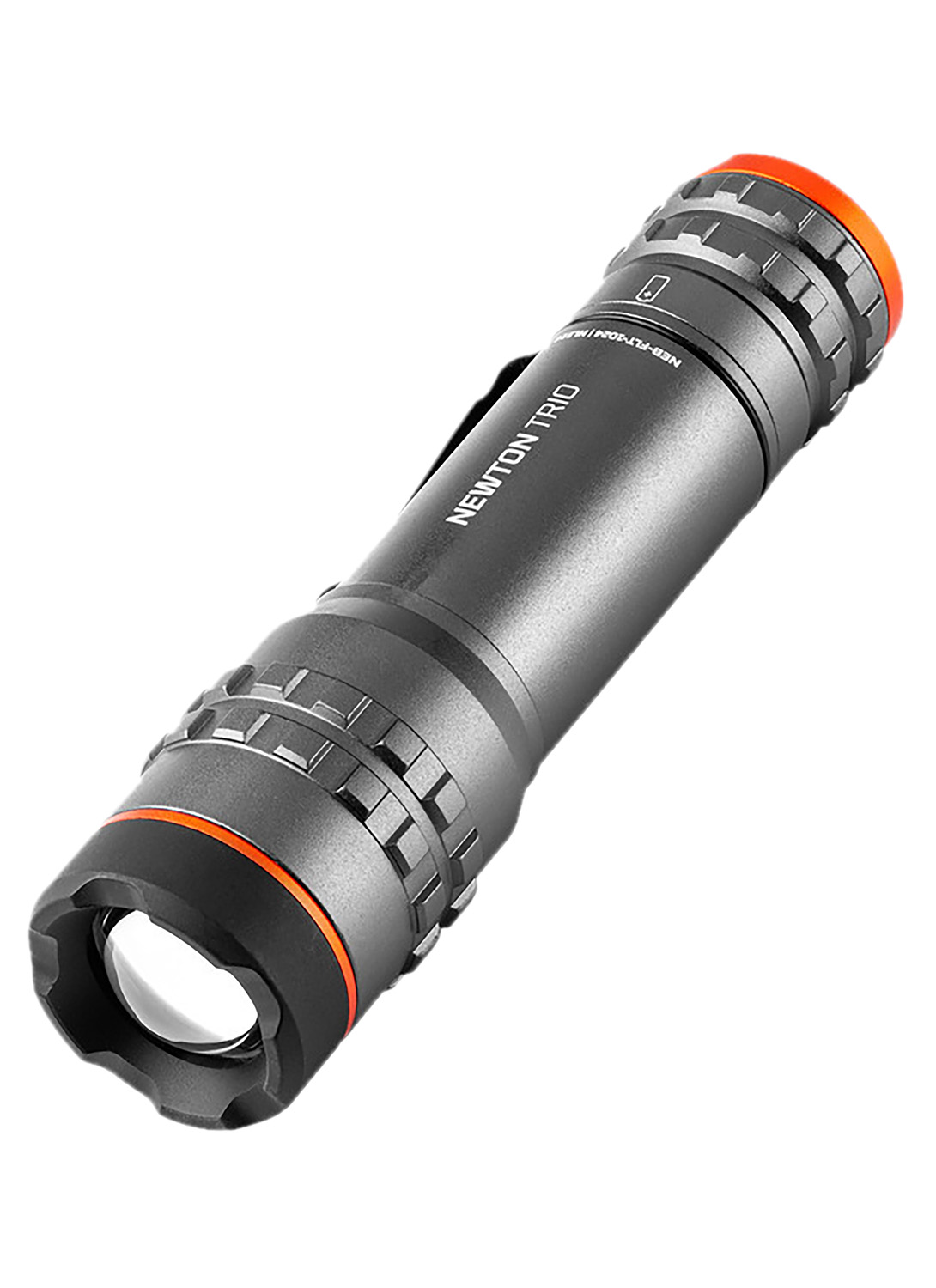 Black Newton Trio flashlight with orange accents