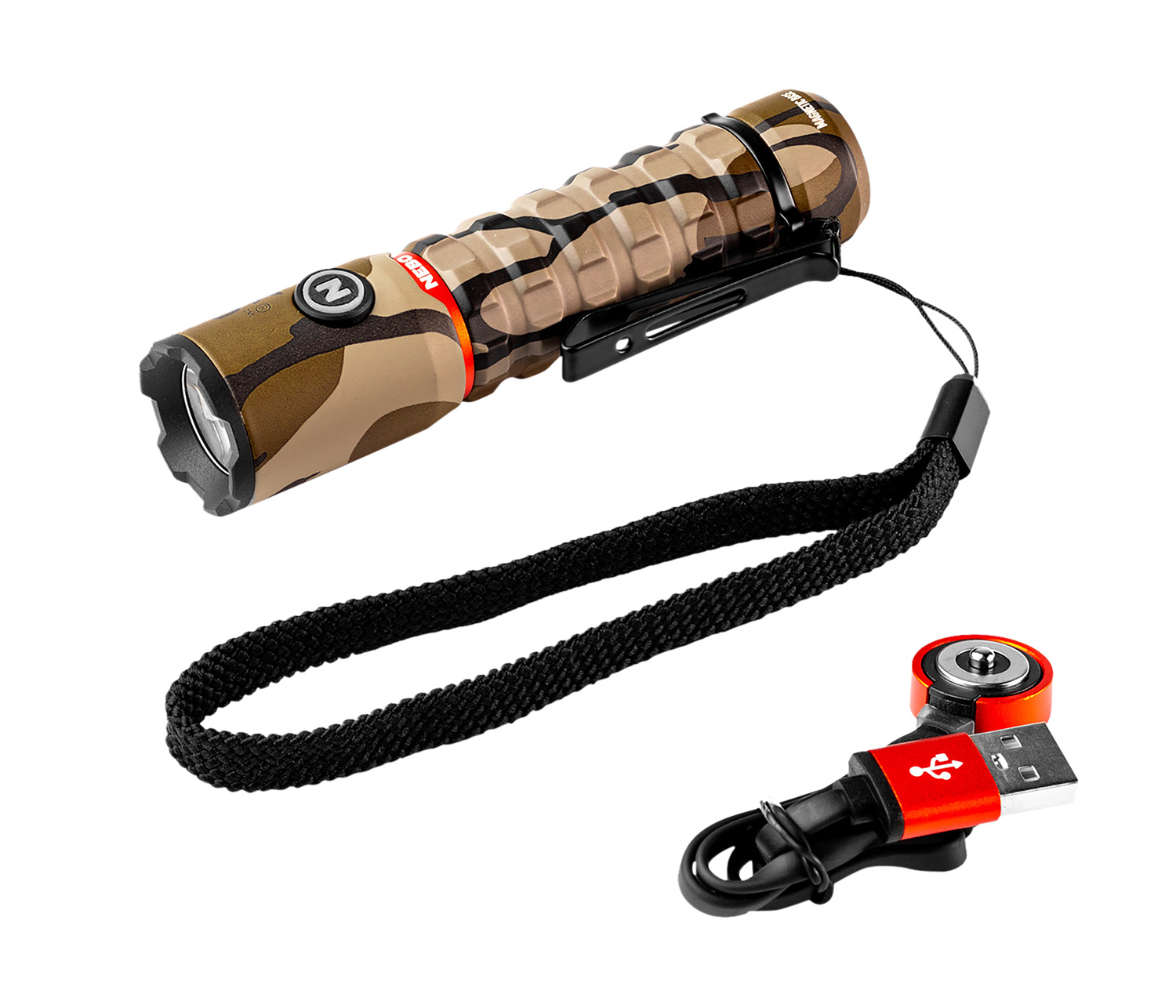 Camouflage rechargeable flashlight with wrist strap and USB cable