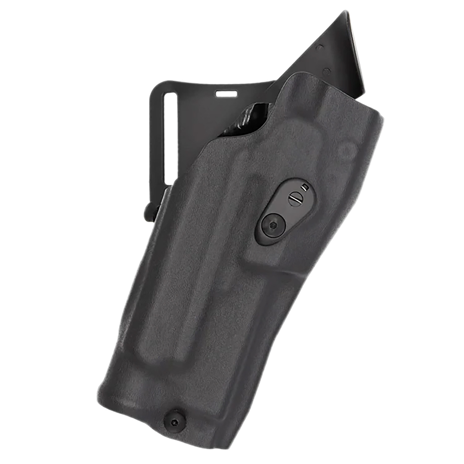 Black tactical handgun holster on white background