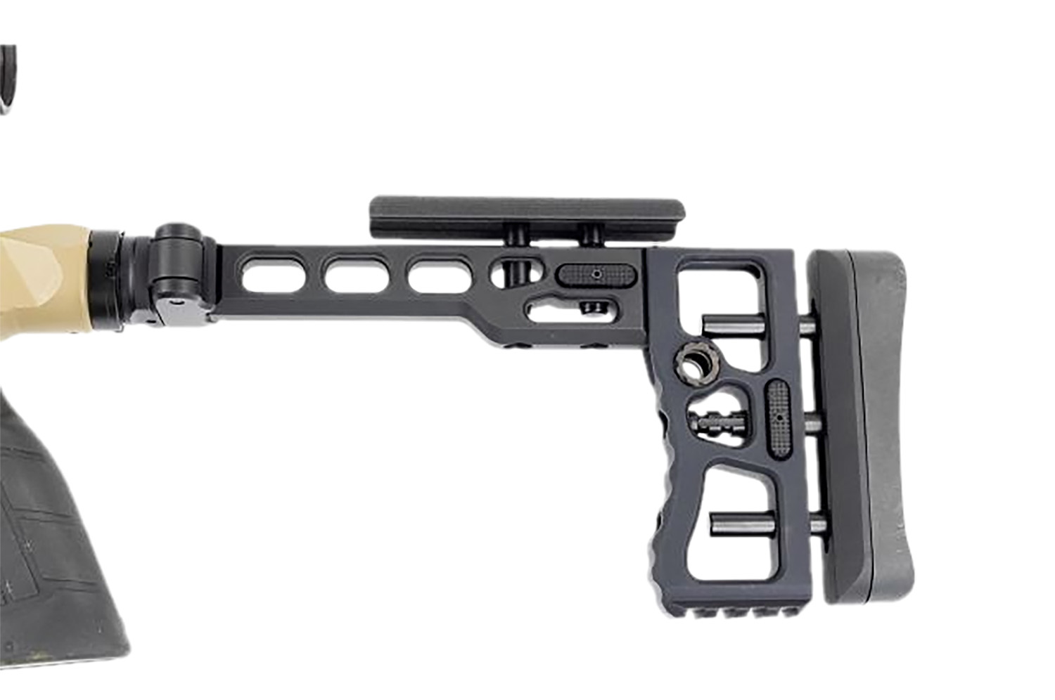 Adjustable rifle buttstock close-up on white background