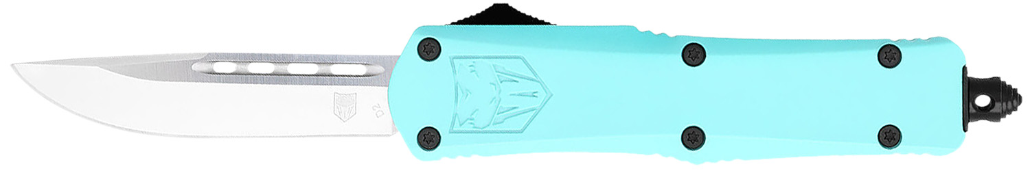 Teal handled automatic knife with silver blade