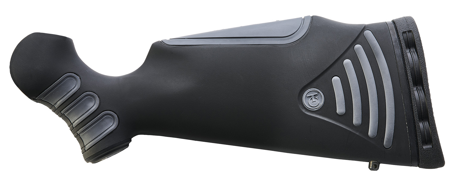Black synthetic rifle buttstock on white background