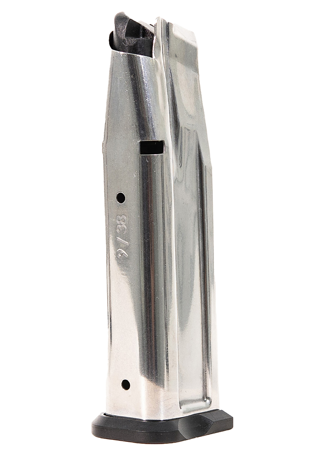 Stainless steel handgun magazine on white background