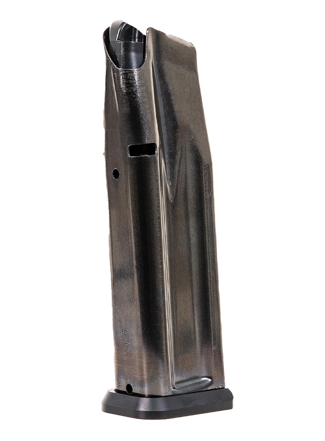 Metal handgun magazine on white background