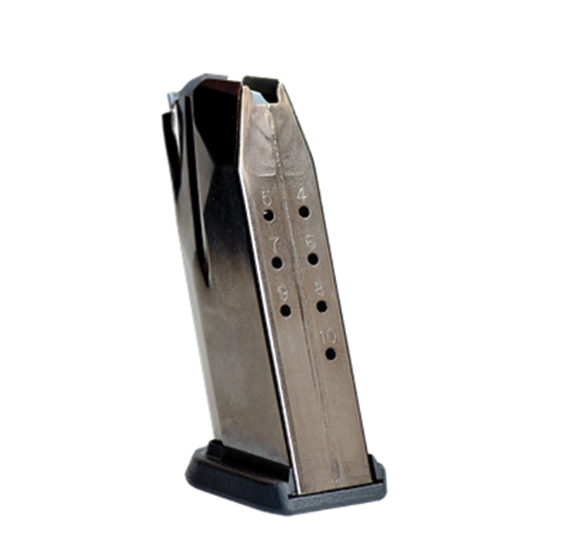 Metal handgun magazine on white background