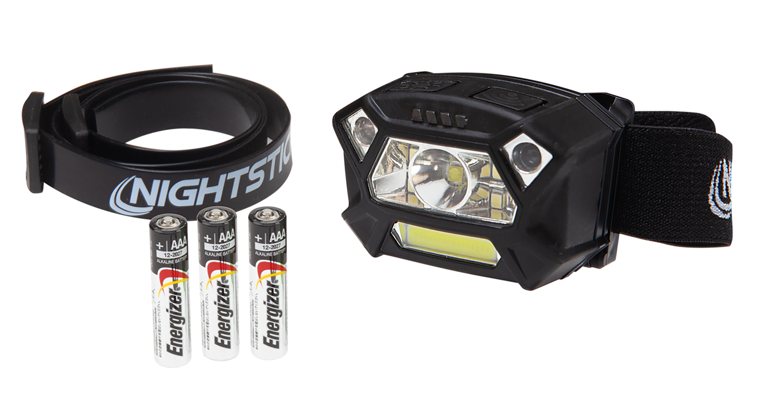 Black LED headlamp with strap and AAA batteries