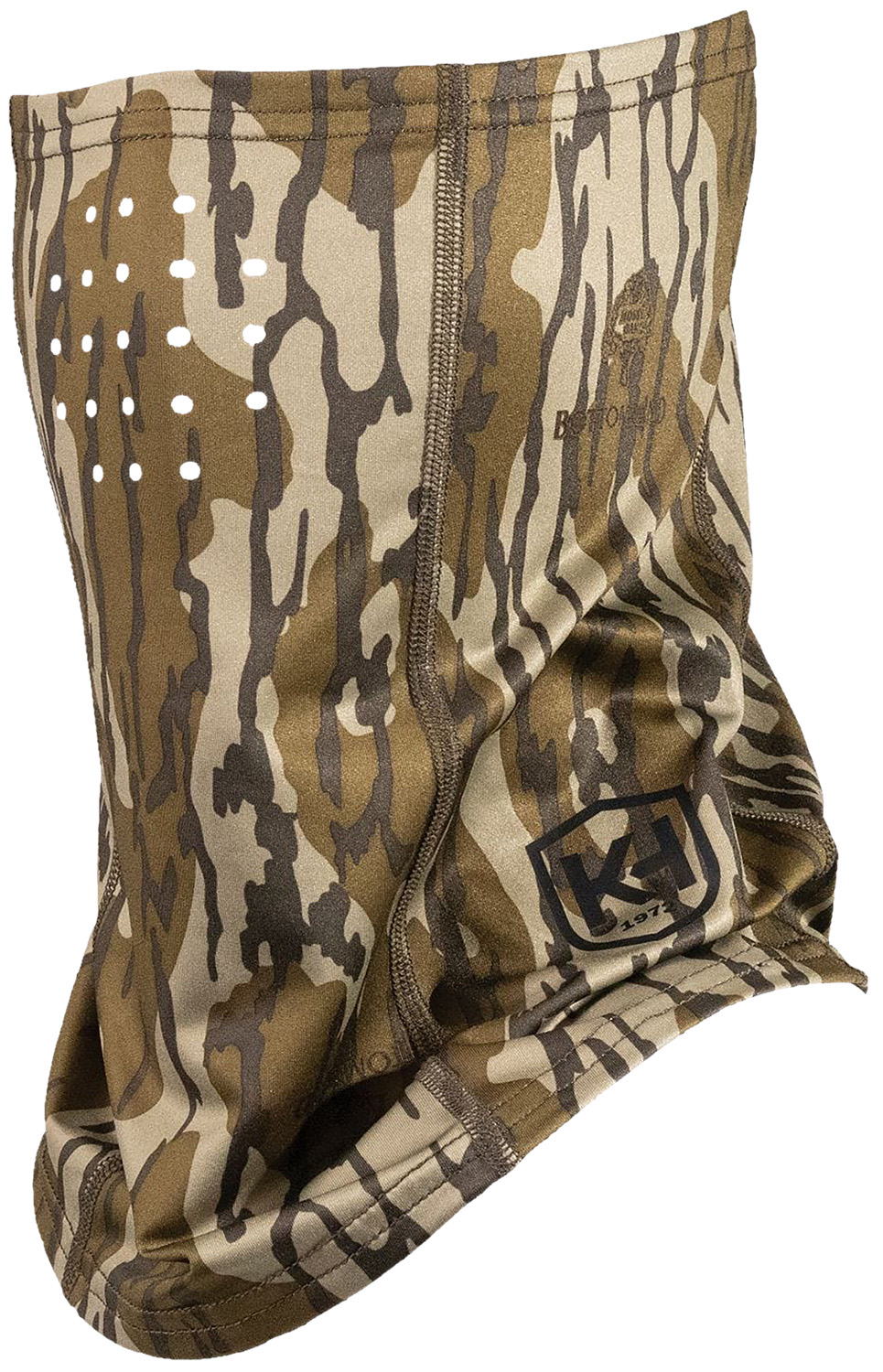 Camouflage neck gaiter with logo and stitching