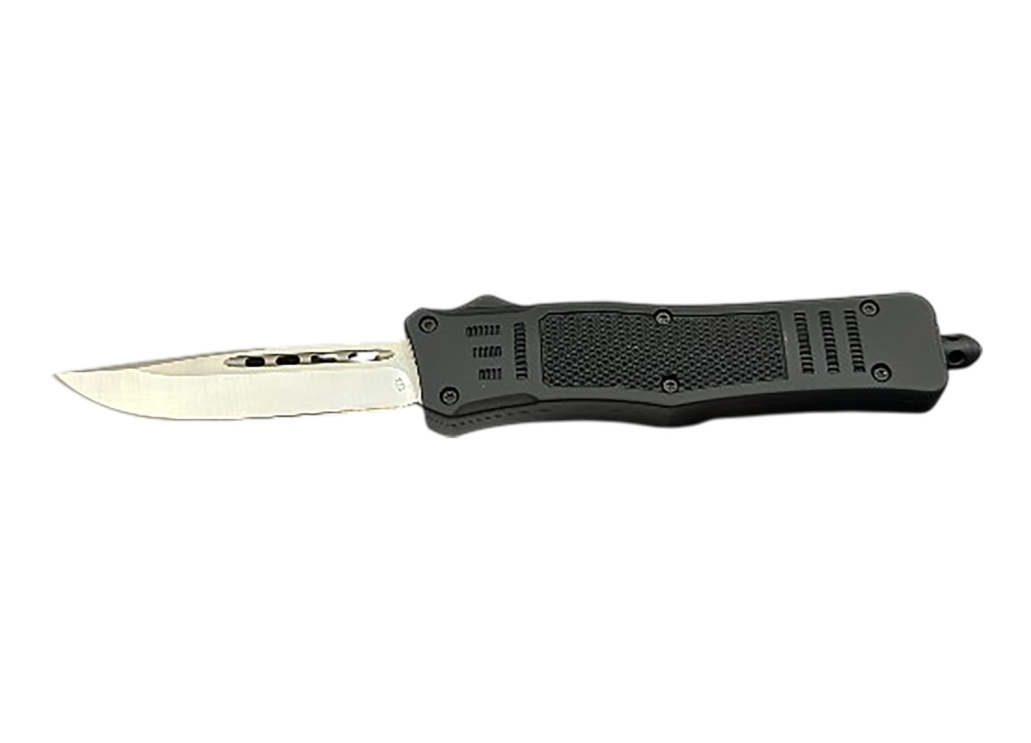 Black automatic folding knife with serrated blade