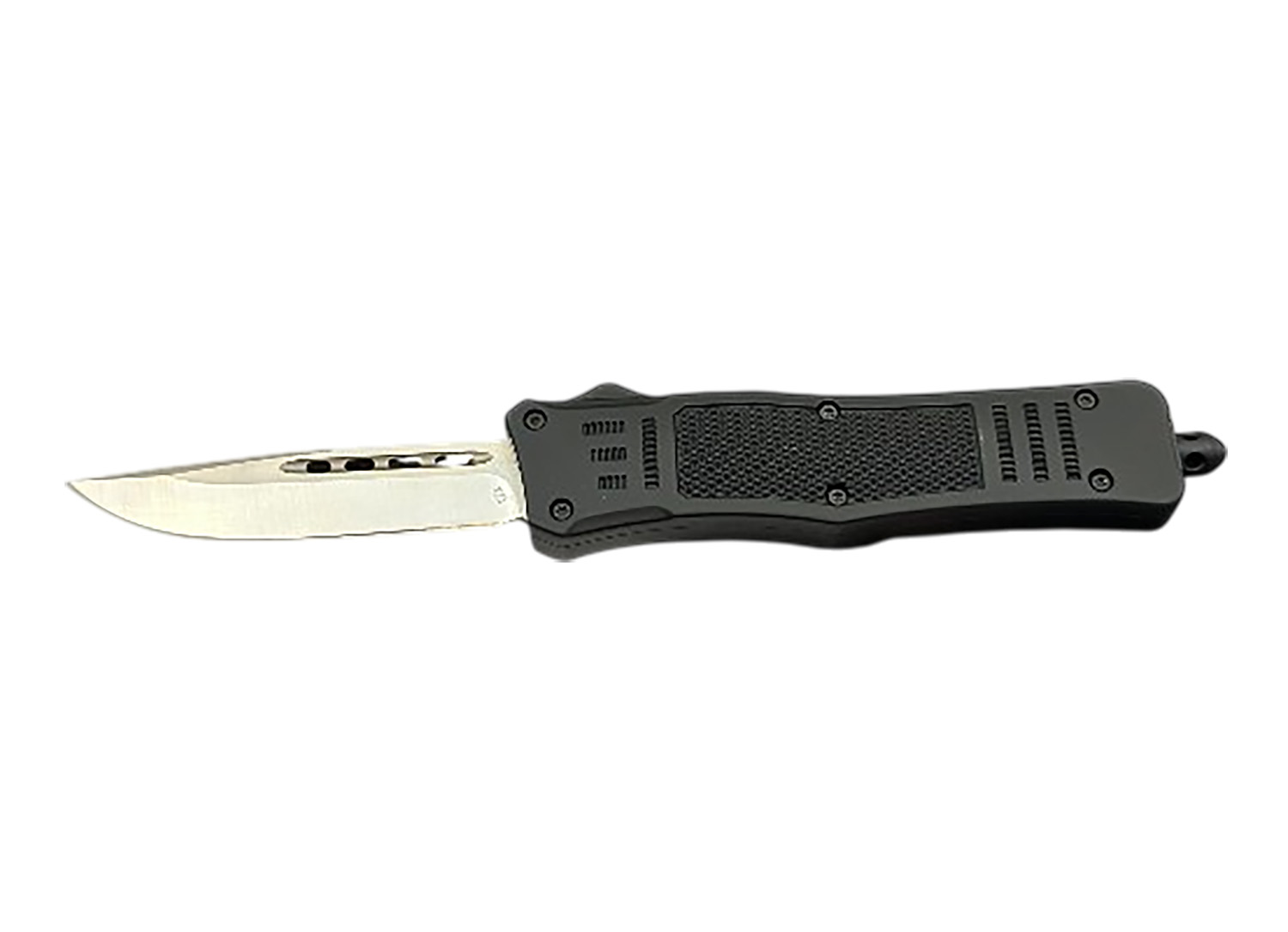Black automatic knife with serrated blade