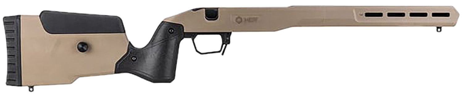Tan and black bolt-action rifle chassis