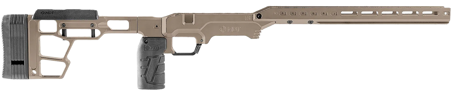 Tan precision rifle chassis with adjustable stock