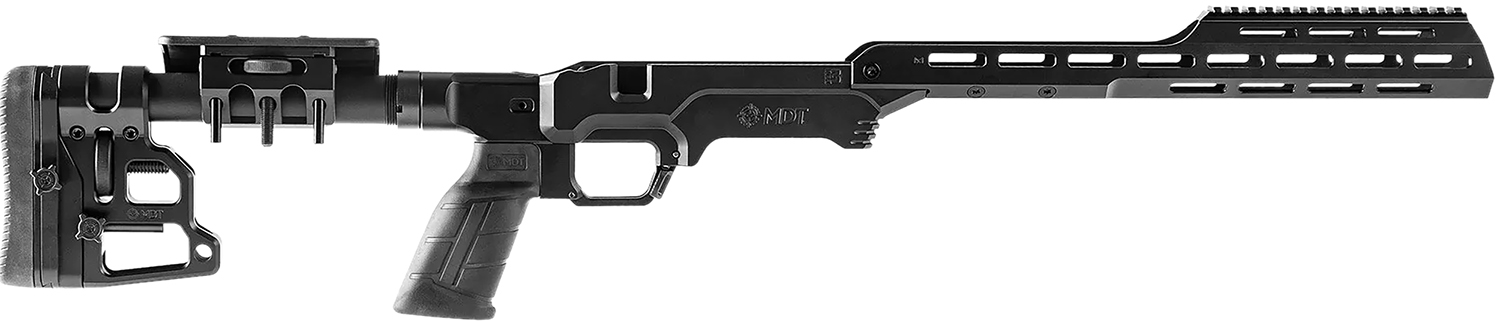 Black precision rifle chassis and adjustable stock