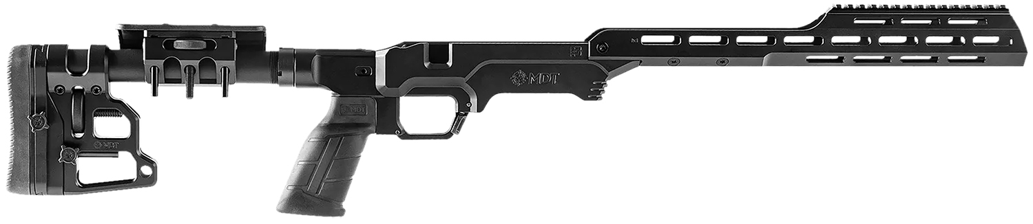 Black tactical rifle chassis with adjustable stock