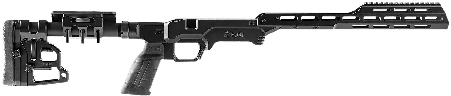 Black rifle chassis with adjustable stock and handguard
