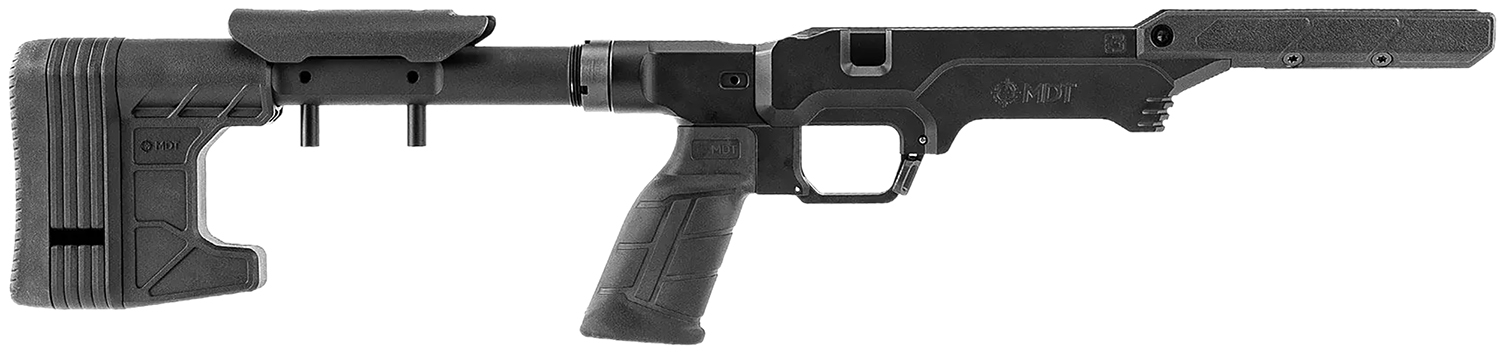 Black adjustable rifle chassis with stock and grip