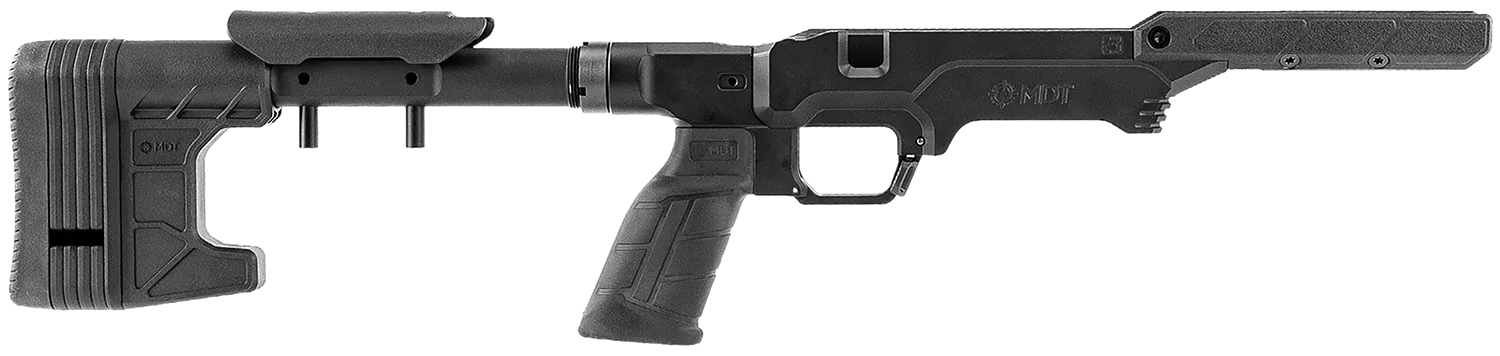 Black adjustable rifle chassis stock with pistol grip