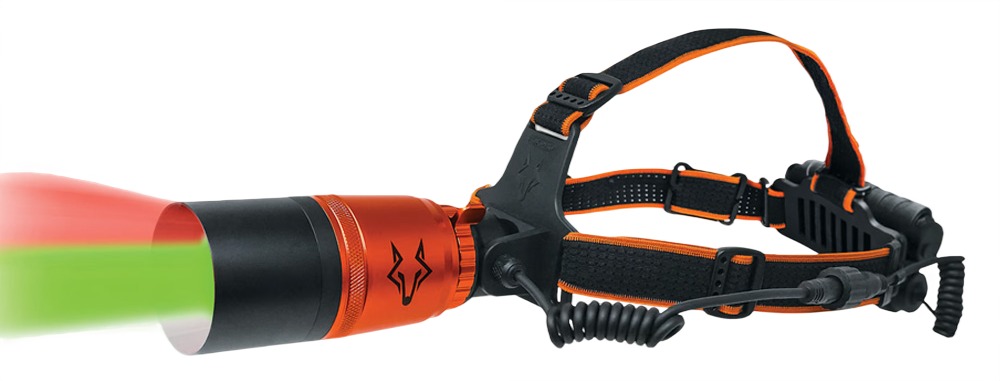 Orange and black headlamp with green beam