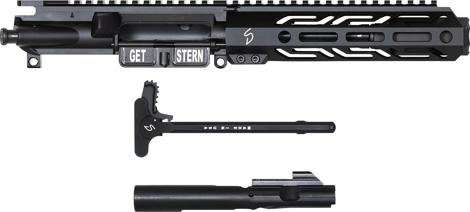 Rifle upper receiver and components on white background