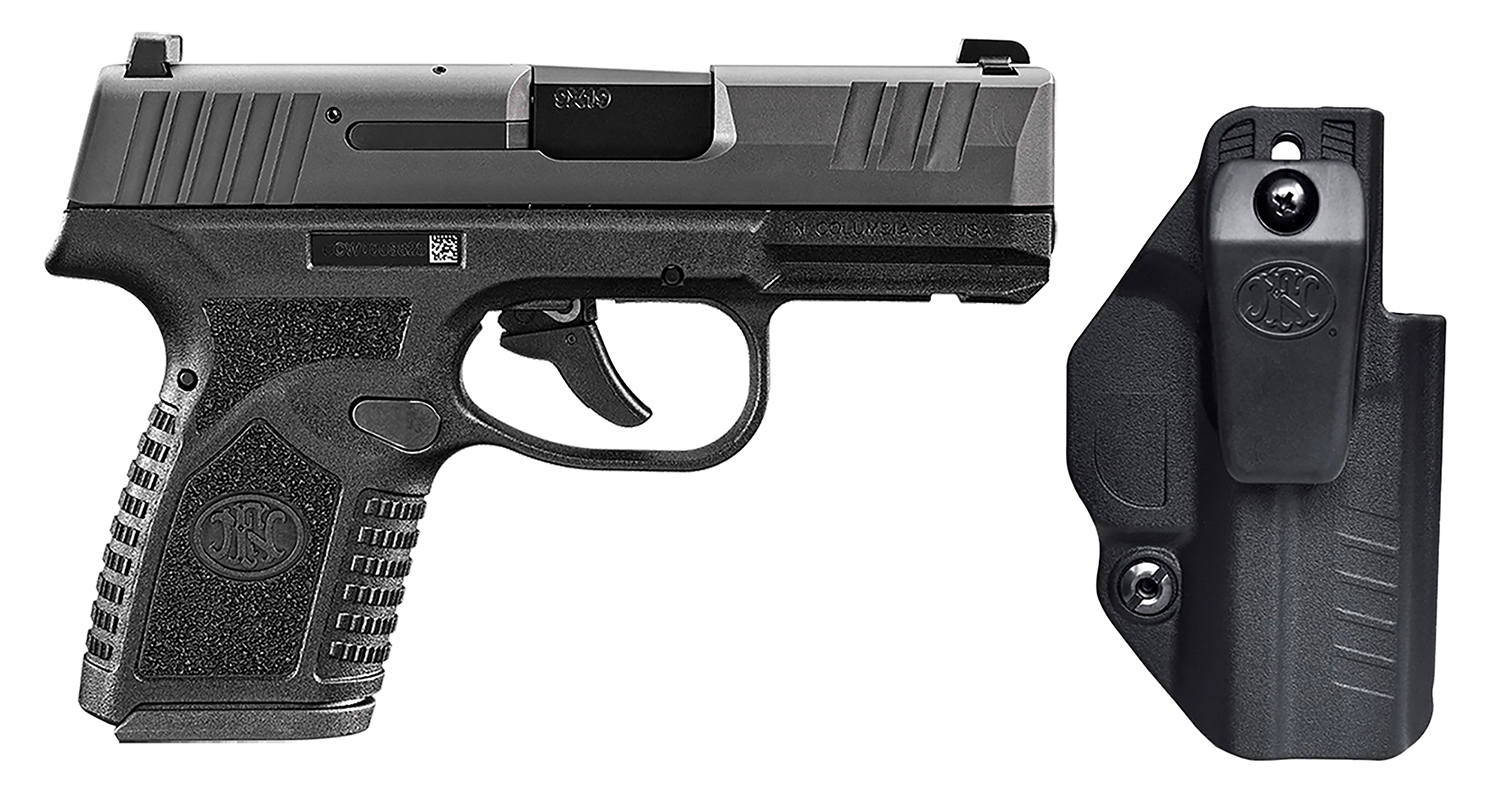 Compact semi-automatic handgun and black holster