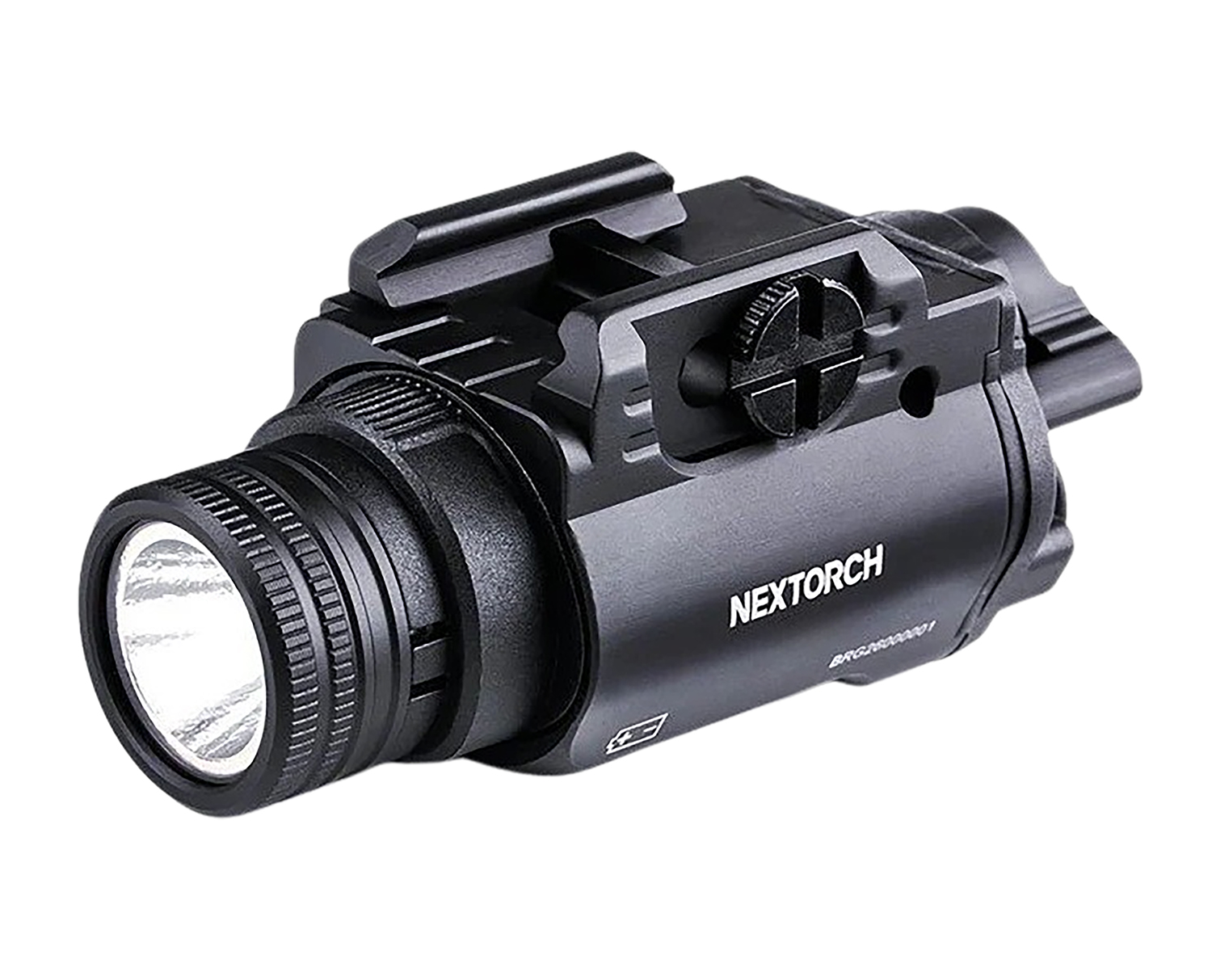 Black tactical weapon-mounted flashlight on white background