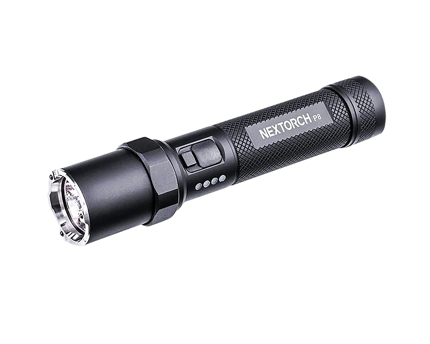 Black NEXTORCH P8 tactical flashlight on white background