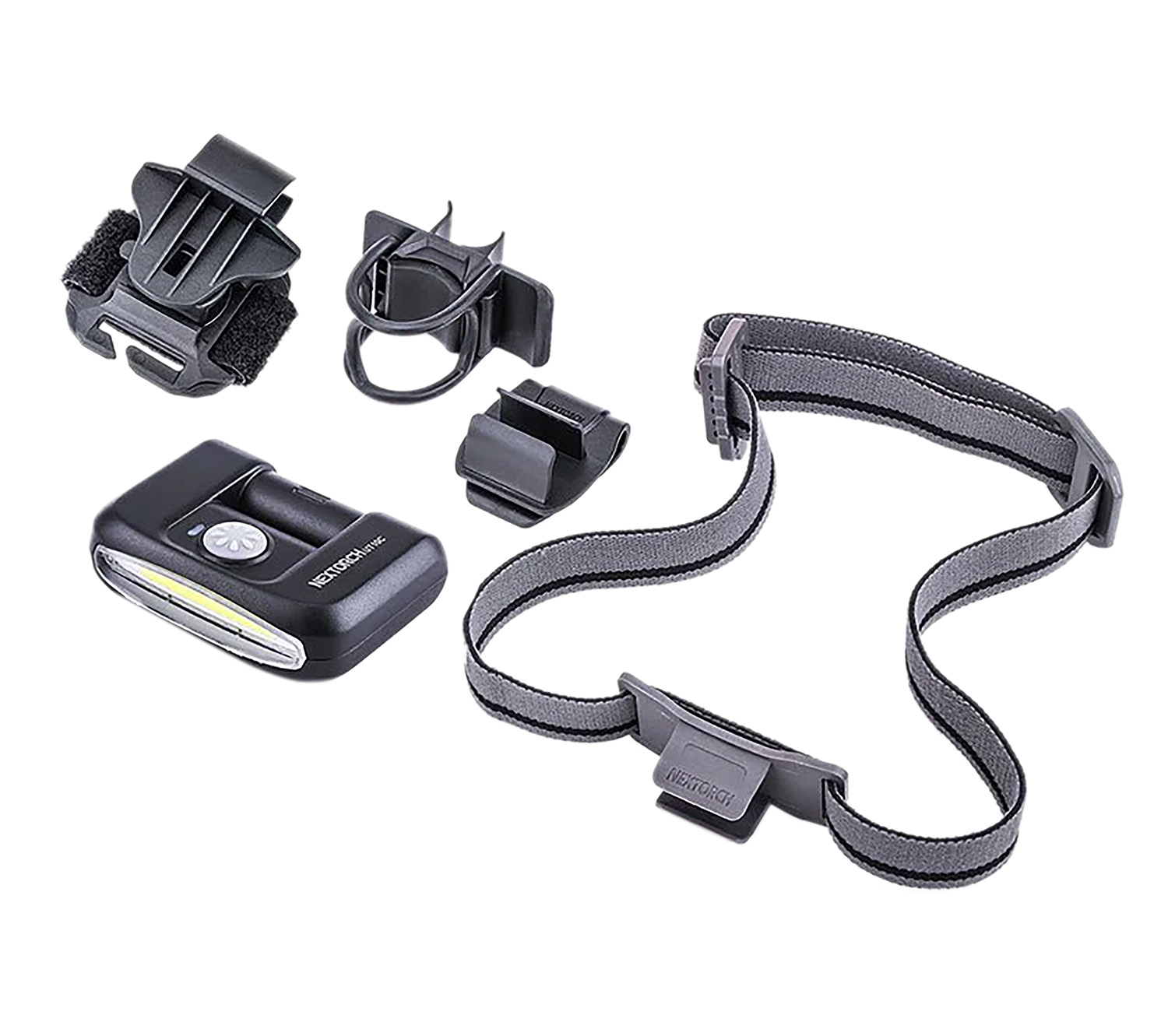 Compact LED headlamp with strap and mounting accessories