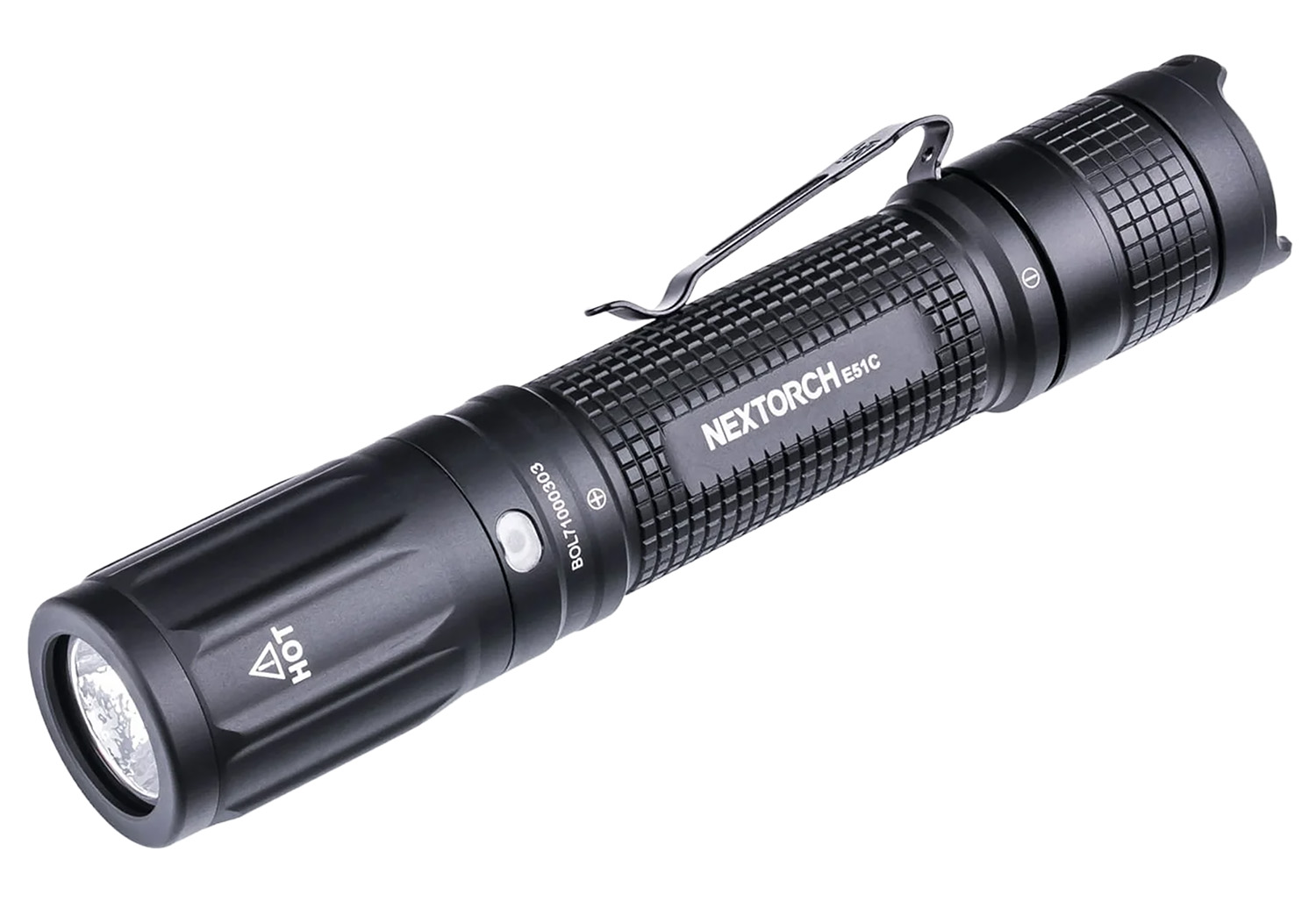 Black Nextorch E51C tactical flashlight on white background