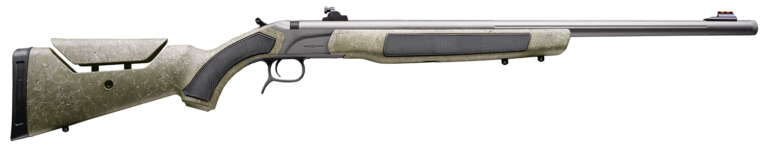 Bolt-action rifle with green camo stock