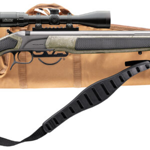 Scoped rifle on tan carrying case
