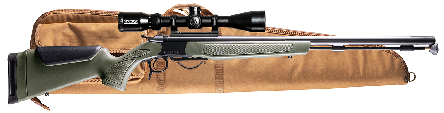 Scoped hunting rifle on tan carrying case