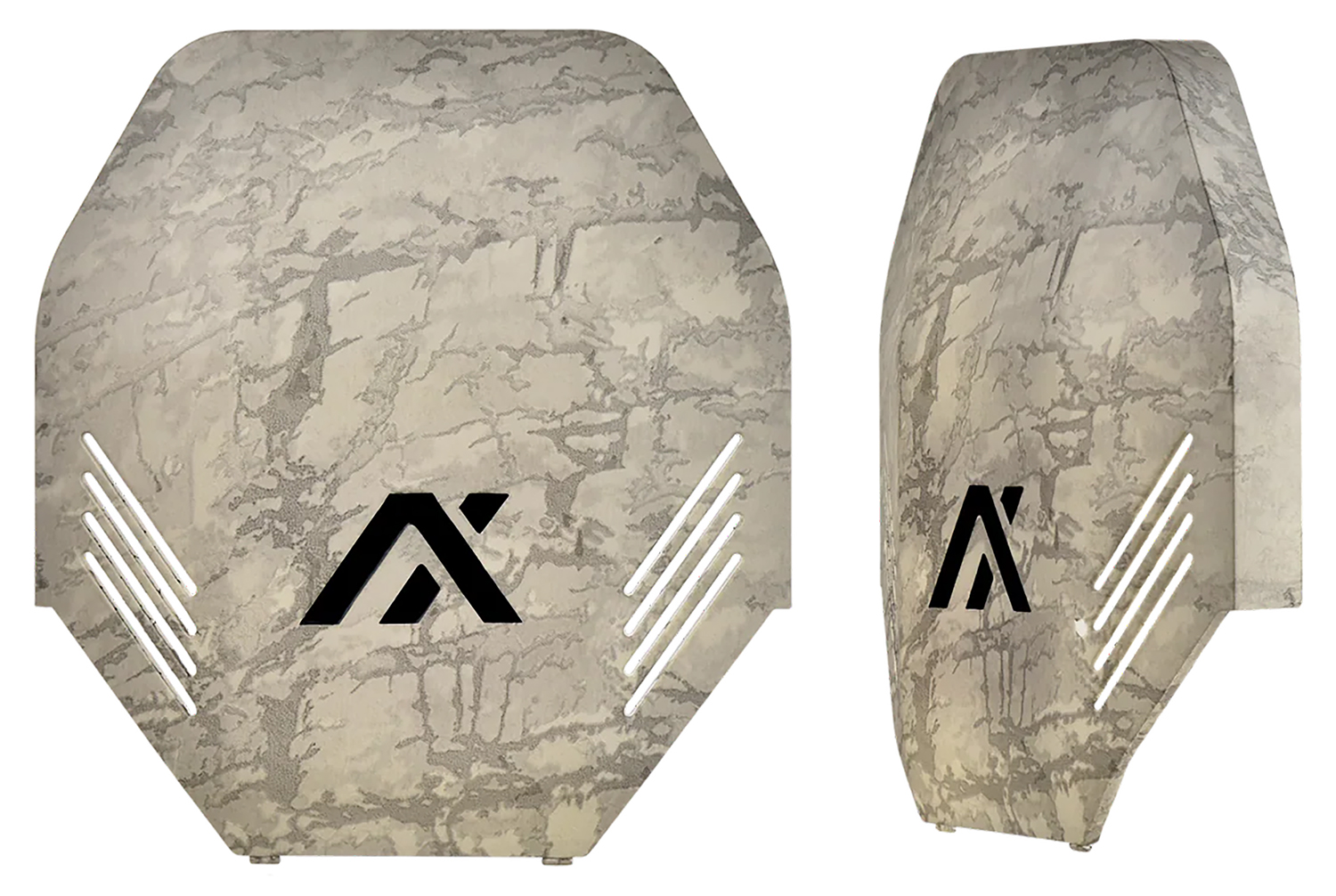 Marble-patterned curved panel with black logo design