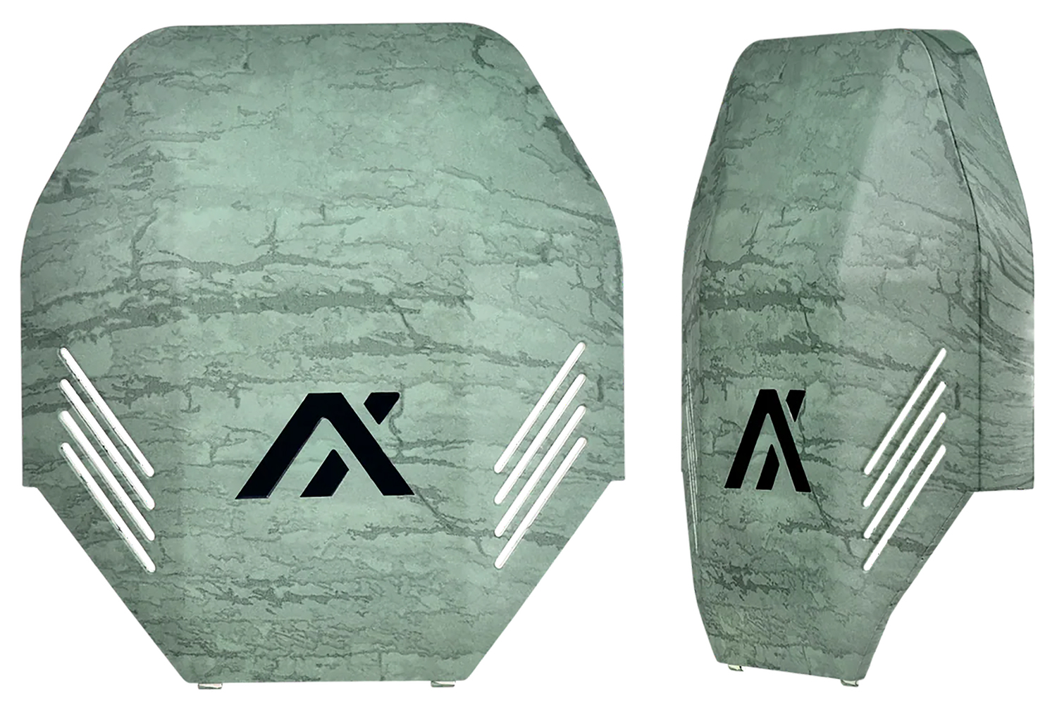 Green marble podium with black logo and stripes