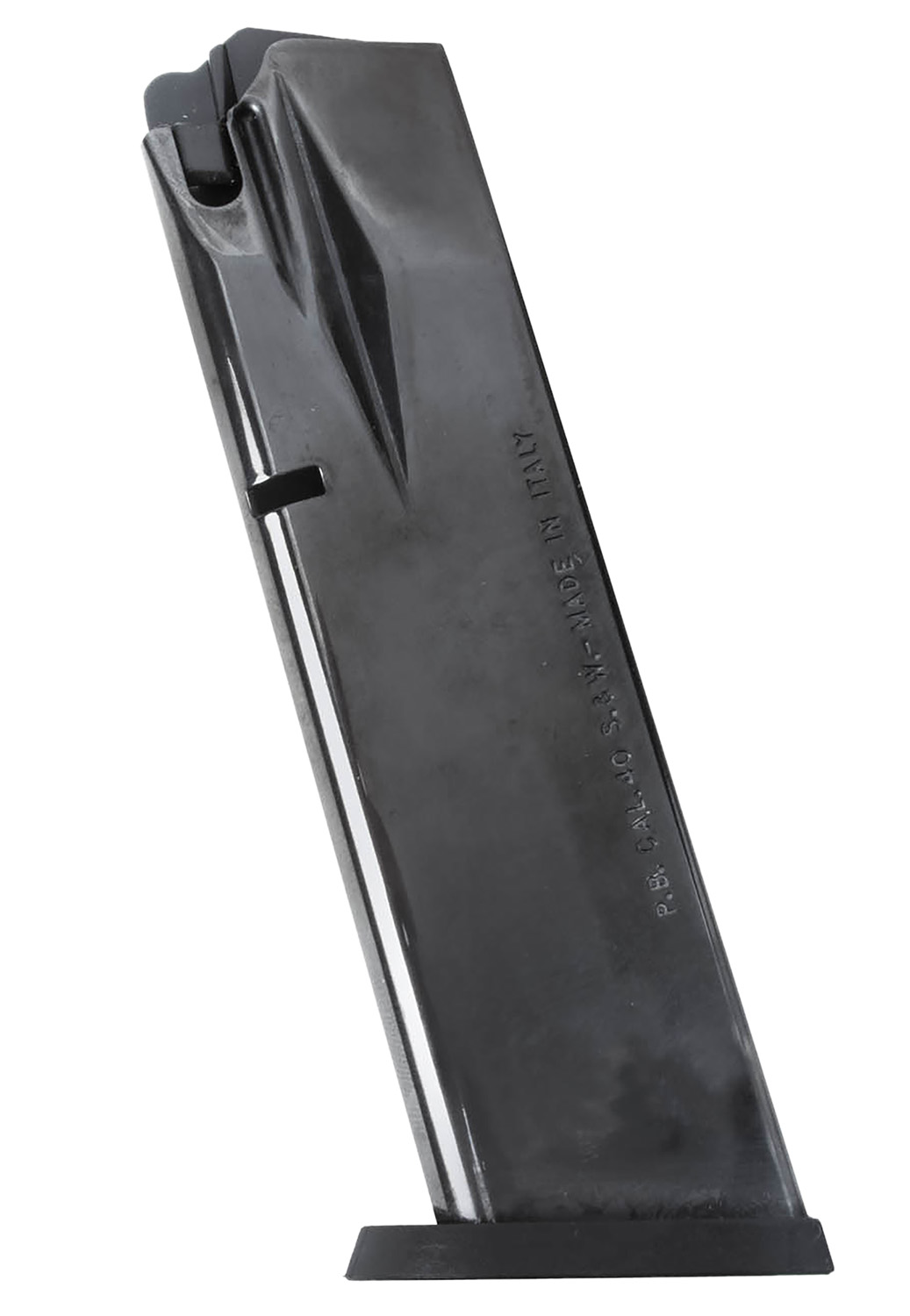 Black metal handgun magazine on white background