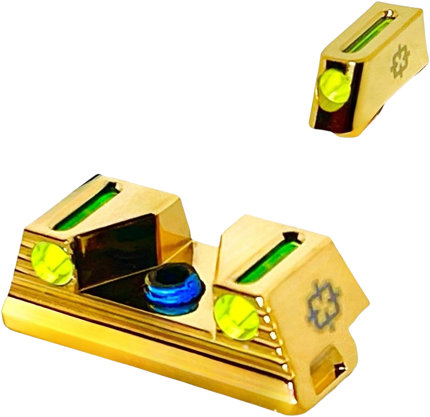 Gold handgun sights with green fiber optics