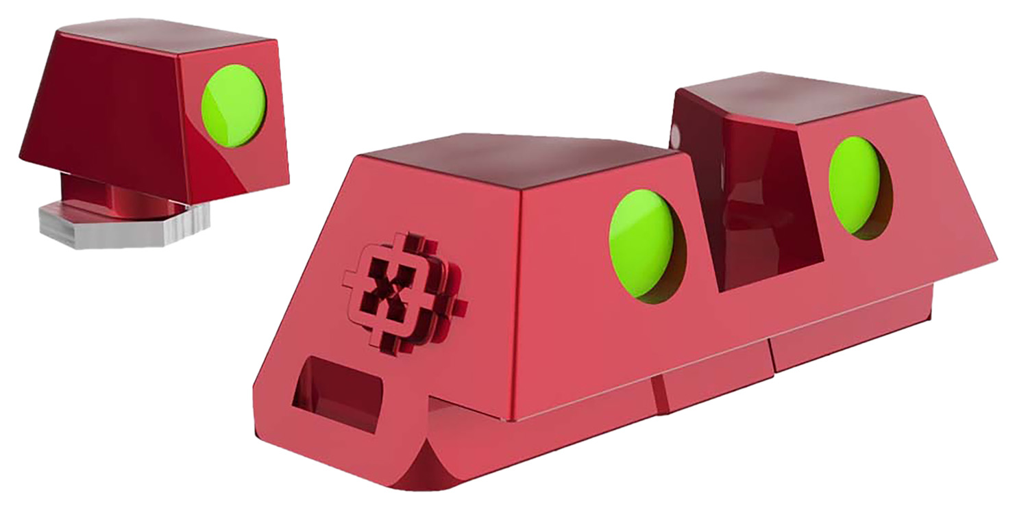 Red geometric device with green circular buttons