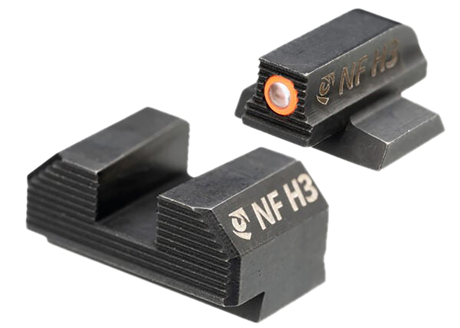 Black tritium pistol sights with orange front dot